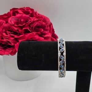 Anne Klein Womens Silver Tone Hinge Bracelet Blue Sapphire Navette 2.5"X2.5"
